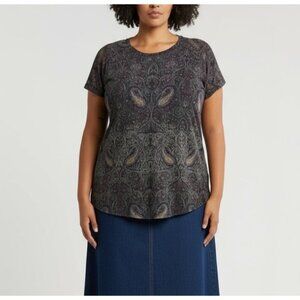 Lucky Brand Women’s 1X Paisley Print Short Sleeve Top Boho Casual Scoop Neck Tee